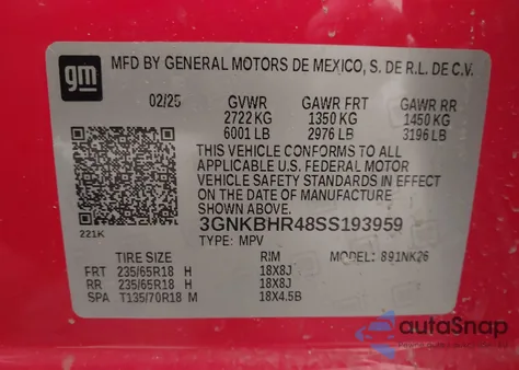 2025 Chevrolet Blazer Awd 2Lt from USA, damaged, VIN 3GNKBHR48SS193959